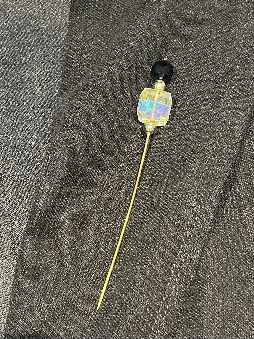 Vintage Iridescent Faceted Crystal Stick Pin Hat Pin Gold Tone 4” Black Bead
